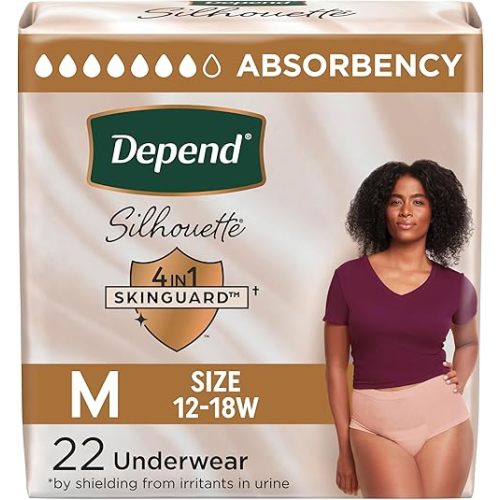 Depend Silhouette Adult Diapers, Incontinence & Postpartum Bladder Leak Underwear for Women, Maximum Absorbency, Medium, Pink, 22 Count, Packaging May Vary