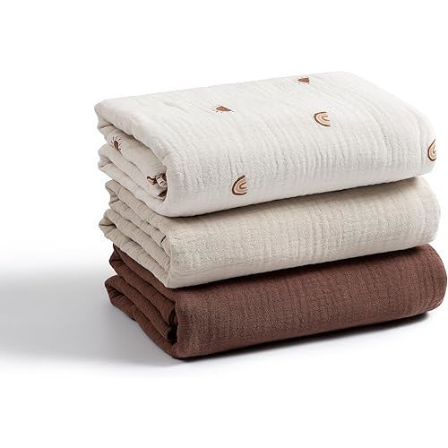 Meracorallo Muslin Swaddle Blanket, 100% Organic Cotton Receiving Blanket Soft and Breathable Swaddle Wrap for Baby Boys and Girls, 3 Pack, Sun Rainbow+Brown+Beige
