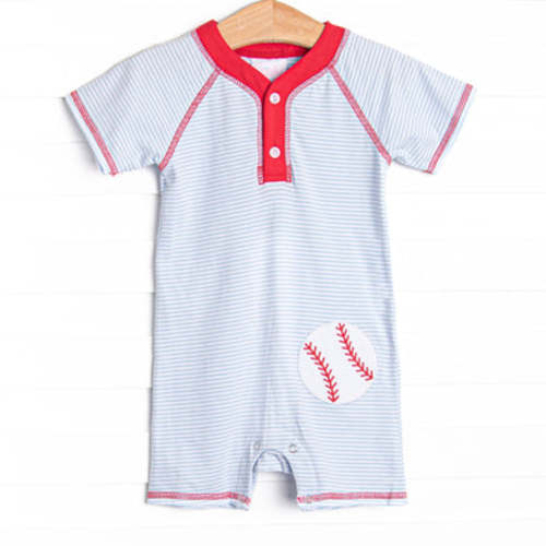 Foul Ball Applique Short Romper, Blue Stripe – Stitchy Fish
