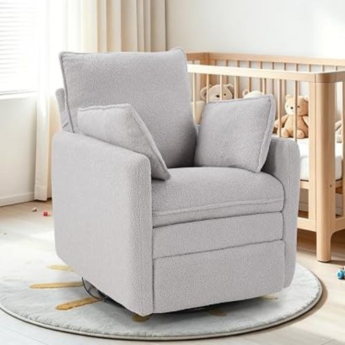 CANMOV Swivel Rocker Recliner Chair, Teddy Upholstered Nursery Glider Chair, Manual Reclining Chair with Two Removable Pillows for Living Room (Light Gray)