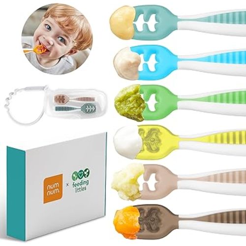 NumNum Baby Spoons Set, Feeding Littles x Silicone Pre-Spoon GOOtensils for Baby Led Weaning, Self-Feeding & Teething, First Stage Toddler Utensils for Ages 6+ Months, 6-Pack, BPA-Free (Neon)