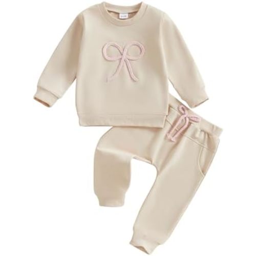 Infant Toddler Baby Girl Fall Outfit Bow Long Sleeve Crewneck Pullover Sweatshirt Top and Pants Set 2Pcs Clothes Set