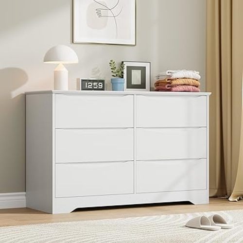 Garvee Wooden Dresser with 6 Drawers, Tall Modern Closet with Deep Storage, Large Chest of Drawers with Wide Top, Long Storage Dresser for Bedroom, Living Room, Hallway, Kids Room, White
