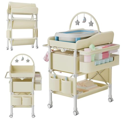 Jaylene Portable Baby Changing Table with Storage – Adjustable Height Diaper Station, Waterproof Pad, Large Capacity Organizer, Foldable Newborn Changing Table for Nursery & Bedroom (Beige)