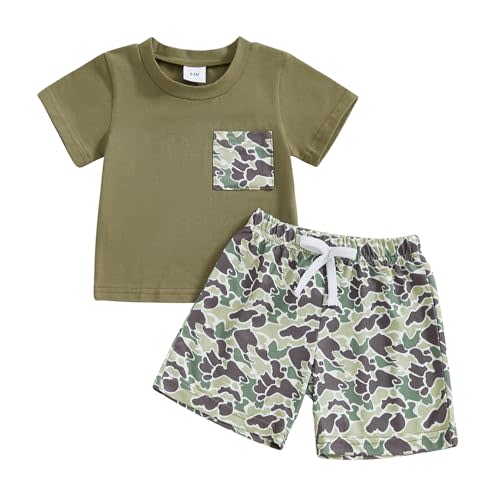 PUHHAPIEY Toddler Baby Boy Summer Clothes Retro Embroidery Duck Hunting Shirts T-Shirt + Elastic Camouflage Shorts Set