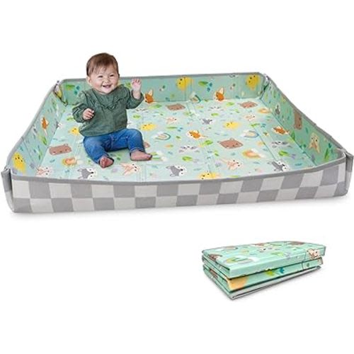Infantino Foldable Soft Foam Mat, Extra Large Double-Sided Cushioned Portable Play Mat with Fold-Up Sides, Non-Slip Crawling & Playing for Infants and Toddlers, Animal-Themed