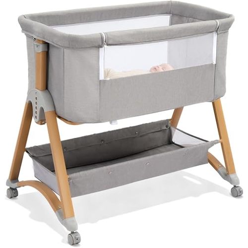 Ktaxon 5 in 1 Baby Bassinet Bedside Sleeper, Rocking Bedside Bassinet with Wheel, Removable Mattress, 6 Adjustable Heights, Large Storage Basket, Airflow Mesh, Fast Folding for Newborn (Light Grey)