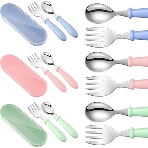 9 Pieces Toddler Utensils Stainless Steel Fork and Spoon Safe Baby Silverware Set, Kid Safe Utensils Children's Flatware Kids Cutlery Set with Round Handle for LunchBox (Blue, Green, Pink)