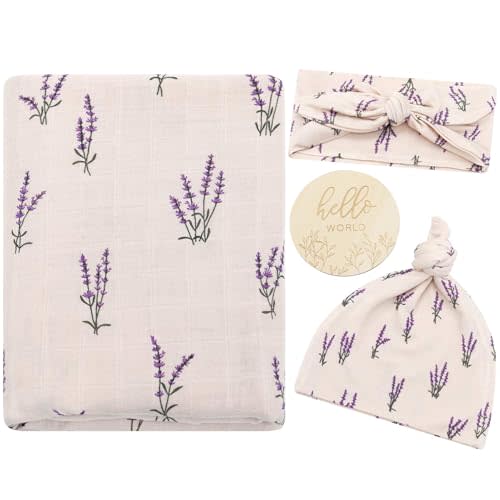 LifeTree Muslin Swaddle Blankets, Muslin Baby Boy Swaddle Blanket, Headband and Hat Set with Birth Announcement Card, Newborn Unisex Receiving Organic Cotton Blankets, Lavender Pattern