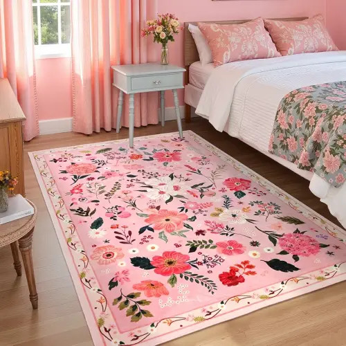 Pink Floral Rug for Girls Bedroom, 3x5 Machine Washable Area Rugs with Non Slip Backingfor Living Room, Cute Flowers Carpet Kitchen Dining Room Kids Playroom Decor