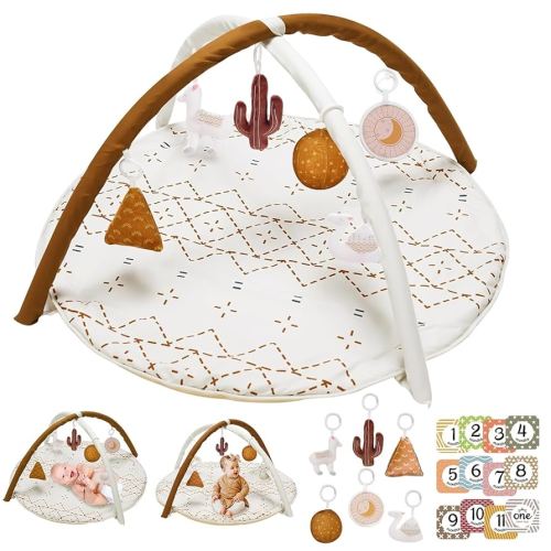 Baby Play Mat & Activity Gym, Thicker & Non-Slip Tummy Time Mat with 6 Featured Toys for Stage-Based Sensory and Motor Skill Development, Washable Macrame Design for Newborn