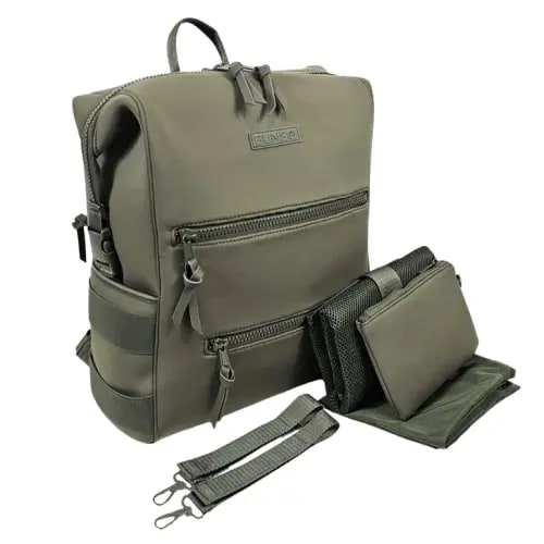 BUNSO Neoprene Diaper Bag, Minimalist Backpack Diaper Bag with Pouch, Changing Pad, and Stroller Straps, Water Resistant and Lightweight Dad Diaper Bag, Diaper Bag Backpack, Green