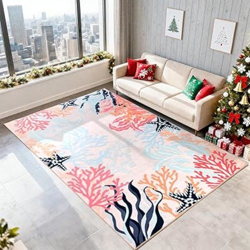 MUSICWAKER Ocean Coral Reef Themed Rug, Modern Soft Faux Wool Non-Slip & Easy to Clean Carpet, Decorative Rug for Living Room, Bedroom, Hallway, Porch, Patio, Home Decoration (Beige,6X9)