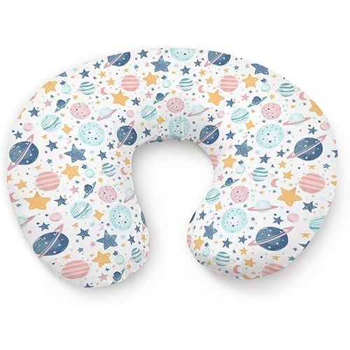 Cartoon Space Planets Stars Moon Pattern Nursing Pillow Cover, Unisex Removable Breastfeeding Pillowcase Slipcover for Baby Girls Boys Newborns Toddlers, Cover Only