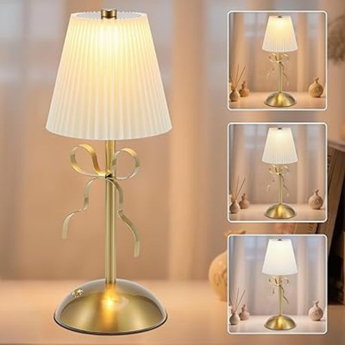 Cordless Table Lamp, Small Gold Bow Night Light, LED Rechargeable