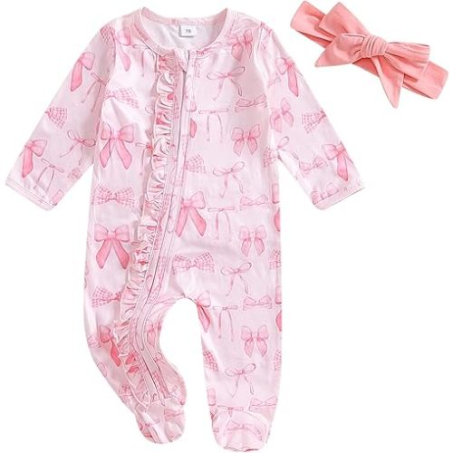 Newborn Baby Girl Bow Heart Footies Romper Long Sleeve Sleeper Headband Zip Up Footed Overalls Coming Home Outfits
