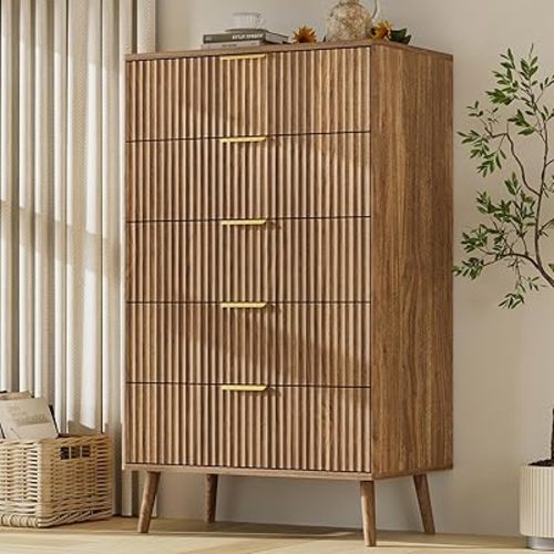 LYNSOM Fluted 5 Drawers Dresser, 45" Tall Modern Chest of Drawers with Curved Profile Design and Metal Handle, Wood Drawer Organizer for Bedroom, Living Room, Hallway, Entryway, Walnut
