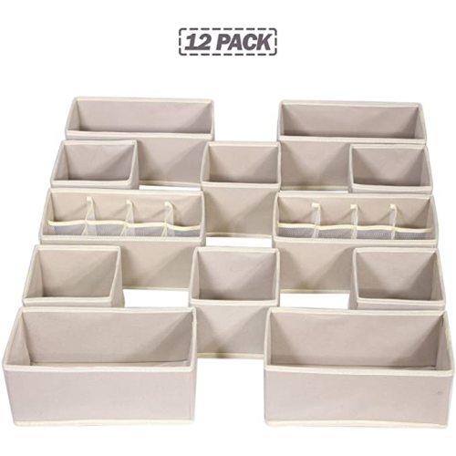 12 Pack Foldable Drawer Organizer Dividers Cloth Storage Box Closet Dresser Organizer Cube Fabric Containers Basket Bins for Underwear Bras Socks Panties Lingeries Nursery Baby Clothes Beige NN246