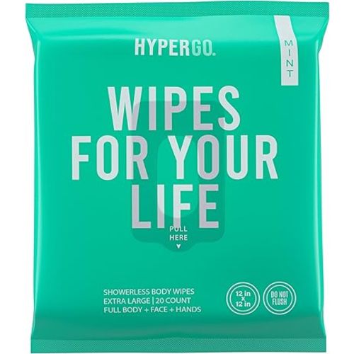 XL Body Wipes for Women & Men – 12" x12" Rinse-Free Full Body Cleansing Wipes 20 Count Pack - Mint | Biodegradable, Hypoallergenic, Aloe-Infused | Gym, Festival, Camping Essentials
