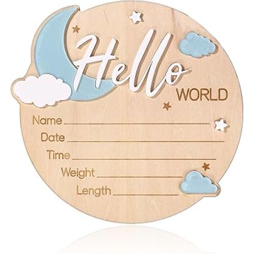 Baby Announcement Sign, 15cm/5.91in Wooden Hello World Newborn Welcome Sign Birth Baby Name Plaques for Hospital Nursery & Child Room