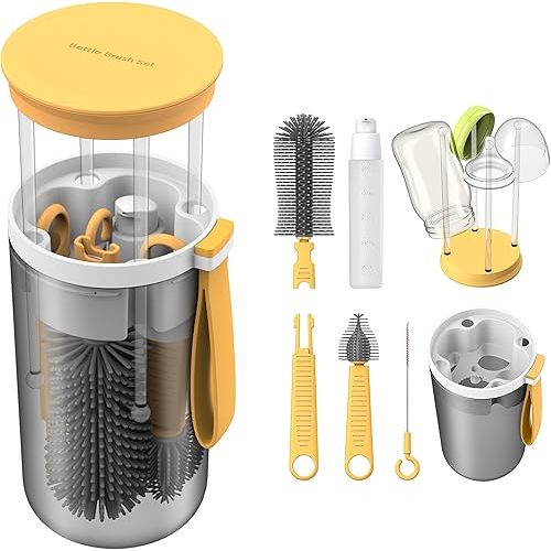 Travel Baby Bottle Brush Set with Extendable Liquid Silicone Bottle Brush,Nipple Brush,Built-in Bottle Drying Rack,Straw Cleaner Brush,Baby Bottle Soap Dispenser,Bottle Warmer (Yellow)