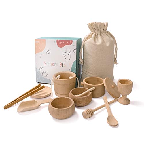 MONT PLEASANT Montessori Sensory Bin Toys for 1 Year Old Toddlers, 11pcs Wooden Waldorf Toys - Wooden Scoops and Tongs for Transfer Work and Fine Motor Skills Development