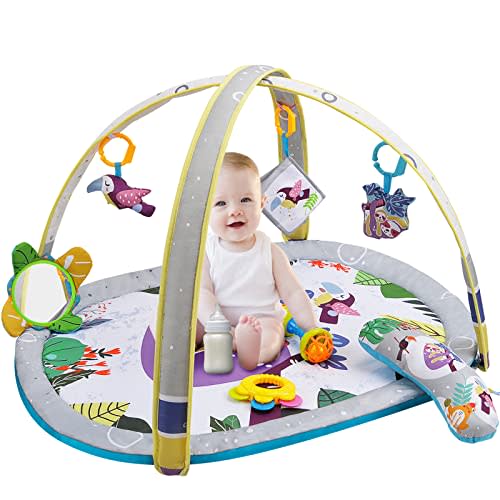 BATTOP Baby Play Mat Activity Gym with Development Toys,Baby Essentials Tummy Time Mat,Baby Play Gym Activity Mat for Newborn to Toddler,Baby Girl Boy Christmas Gift, Grey-white Purple