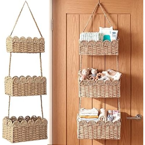 Over The Door Hanging Basket 3-tier Decorative Hanging Nursery Baskets Large Baby Diaper Caddy Wall Mounted Woven Organizer for Home Bedroom Living Room Baby Shower Gifts