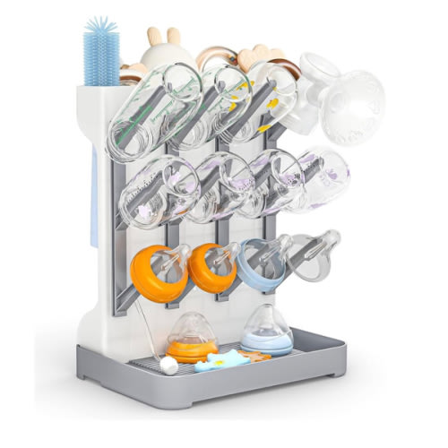 GoMaihe Baby Bottle Drying Rack: Space Saving Vertical Bottle Dryer Holder - Baby Accessories Storage Stand Organize Brushes Pacifiers on Countertop - BPA-Free - Gray