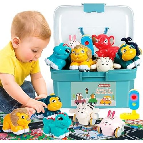 Animal Car Toys for 1 Year Old Boy Gifts: Mini Trucks with Playmat/Storage Box for Toddler Age 1-2, 1st One First Christmas Birthday Gift for Infant Baby 12-18 Months