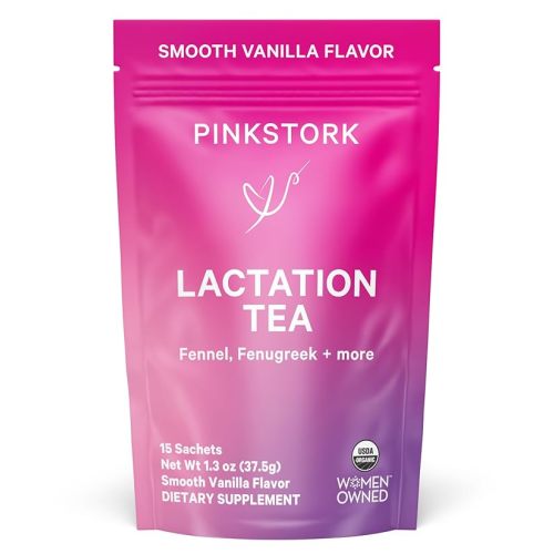 Pink Stork Organic Lactation Support Tea for Breast Milk Supply - Fenugreek, Milk Thistle, + Fennel - Breastfeeding Essentials, Caffeine-Free - Hot or Iced - 15 Sachets, Smooth Vanilla