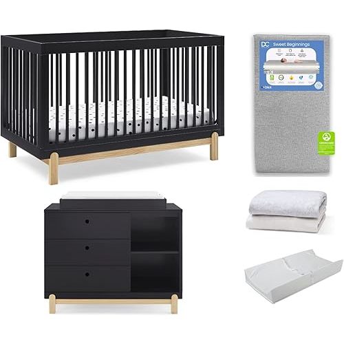 Delta Children Poppy Crib 6-Piece Baby Nursery Furniture Set–Includes: Convertible Crib, Dresser, Changing Top, Crib Mattress, Sheets, & Changing Pad, Midnight Grey w/Natural