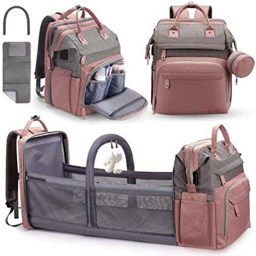 Baby Diaper Bag Backpack, Diaper Changing Station, Portable Crib Backpack for Boys Girls, Waterproof Changing Pad, USB Charging Port, Pacifier Case, Sunshade and Toy Bar, New Mom Gifts for Women