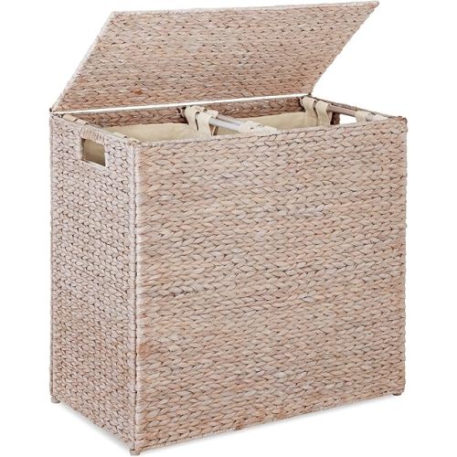 Best Choice Products Large Double Laundry Hamper with Lid, Natural Handwoven Water Hyacinth, 2 Sections w/ 2 Machine Washable Linen Liner Bags, Portable, Handles - Transparent White