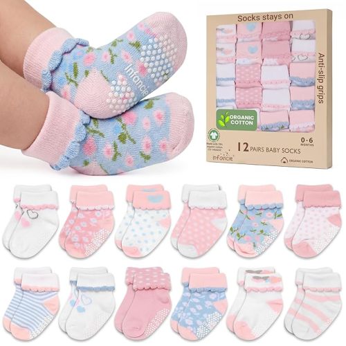 Organic Cotton GOTS Certified Baby Socks For Girls 12 Pairs – Soft And Comfortable Baby Girl Socks 0-6 Months, Adorable Sock Shoes For Baby Girl, Gift For Newborns