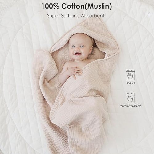 Muslin Baby Towels with Hood for Newborn 100% Cotton Baby Bath Towels Soft & Absorbent Hooded Baby Towel for Boys and Girls, Large Size - 32 * 32 Inches (Ivory & Pink)