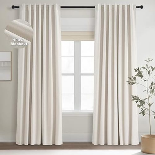 Topfinel Cream Linen Blackout Curtains 84 Inch Long for Bedroom Living Room, Ivory Pinch Pleat Back Tab Full Blackout Drapes Farmhouse Boho Curtains for Window, White Neutral Curtains 52" X 84" 7 FT