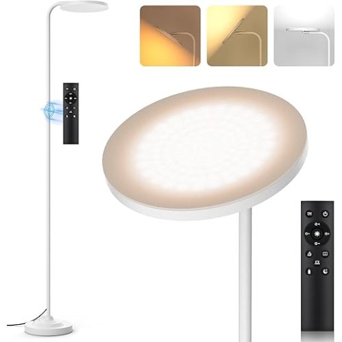 36W LED Floor Lamp, Super Bright Standing Lamp, Modern Stepless Dimmable Torchiere Tall Lamp with Remote Control, 350°Rotating Head Reading Floor Lamp for Living Room, Bedroom, Office - White