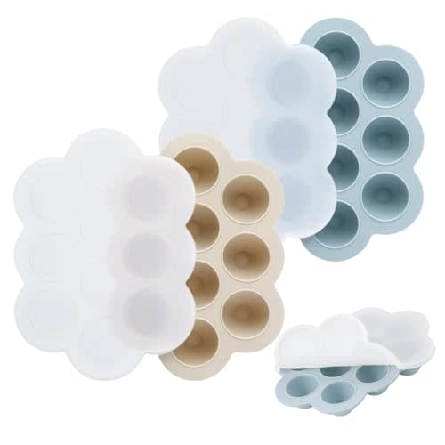 PandaEar 2 Pack Baby Food Freezer Tray with Lids, Silicone Baby Fruit Food Feeder Teether Tray, Baby Food Storage Container Ice Cube Tray Maker for Homemade Baby Food (Blue/Tan)