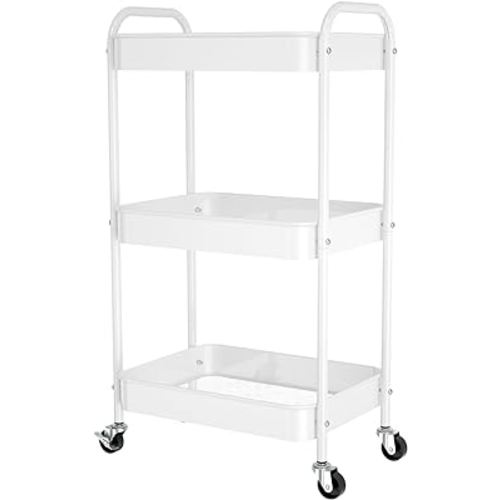 3 Tier Rolling Metal Storage Carts with Wheels,Multi Functional Organizer Cart for Office, Bathroom, Kitchen, Book, Diaper. Easy Assembly. (White)