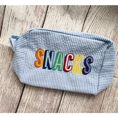 Light blue Seersucker Snack Bag in assorted colors: embroidered