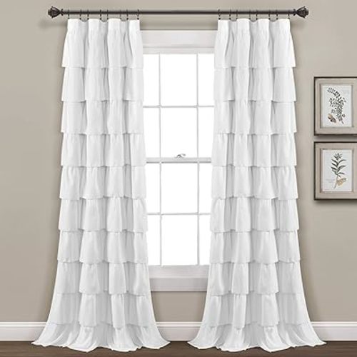 Lush Decor Ruffle Window Curtain - Vintage Chic Farmhouse Style Panel for Living, Dining Room, Bedroom (Single), 50”W x 84"L, White