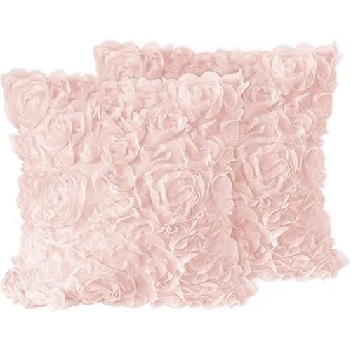 Sweet Jojo Designs Pink Floral Rose Decorative Accent Throw Pillows - Set of 2 - Solid Light Blush Flower Luxurious Elegant Princess Vintage Boho Shabby Chic Luxury Glam High End Ruffle Roses