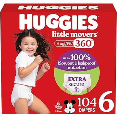 Huggies Size 6 Baby Diapers, Little Movers HuggFit 360° Baby Diapers with 360° Waistband, Size 6 (35+ lbs), 104 Count (2 Packs of 52), Packaging May Vary