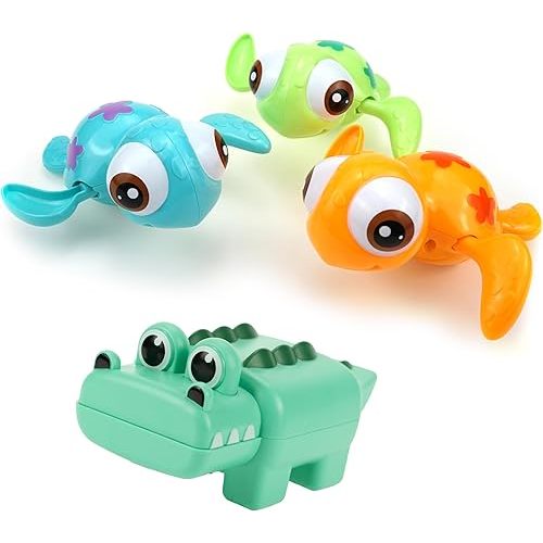 DUCKBOXX XX Wind-up Bath Toys Bundle (4pcs) : Swimming Sea Turtles (3pcs) & Crocodile for Kids