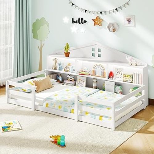 Giantex Twin Size Montessori Floor Bed with LED Lights, 2-in-1 Wooden House Bed Frame with Safety Guardrails, Storage Compartments & Shelf, No Box Spring Needed, Without Slats, White