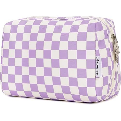 Narwey Checkered Makeup Bag Travel Cosmetic Bag Organizer Toiletry Bag Make Up Bags with Compartments for Women Girls (Large, Purple Checkerboard)