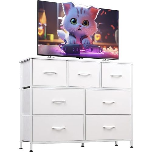 WLIVE 7 Drawer Dresser TV Stand, Dressers for Bedroom, Fabric Storage Tower, Hallway, Entryway, Closets, Sturdy Steel Frame, Wood Top, Easy Pull Handle, White