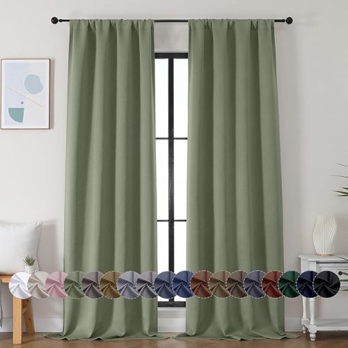 Simplebrand Ava Sage Green Blackout Curtains for Bedroom 90 Inches Long 2 Panels Set, Solid Privacy Energy Saving Living Room Window Treatment Curtains Blackout Drapes, W40 x L90 Inch, Sage Green