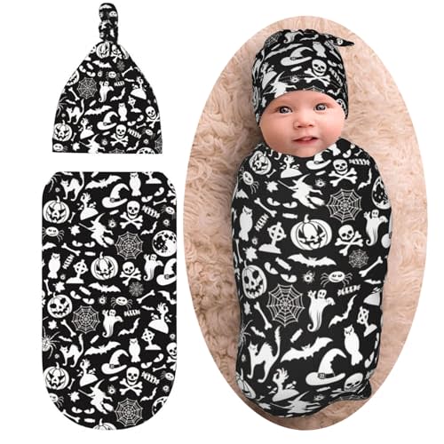 Halloween Goth Newborn Swaddle Blanket Baby Stuff Gothic Baby Swaddling Blanket with Beanie Set Soft Sleeping Sack for Unisex Girls Boys